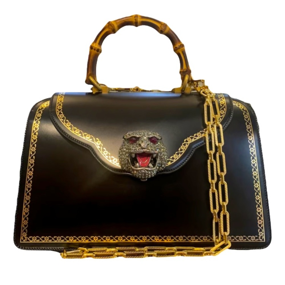 GUCCI THIARA MEDIUM LEATHER BAMBOO TOP HANDLE BAG - BLACK